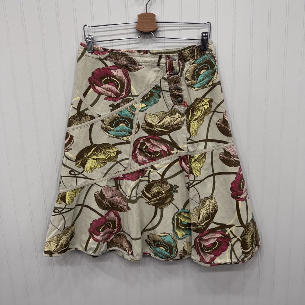 Oilily Women's Size 6 Tan Floral Poppies Paneled  Cotton Linen Blend Skirt